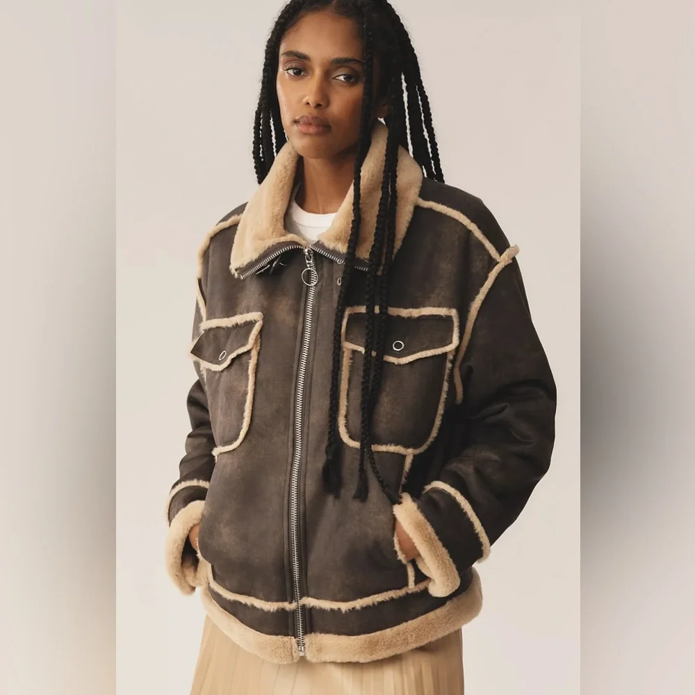 Anthropologie NVLT SHEARLING BIKER JACKET Style No.  4115910370020 BROWN… - Picture 2 of 4